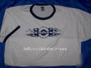 New miller welder white t-shirt with blue miller flames, 