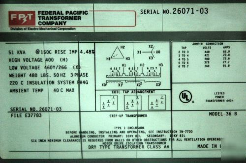 New motor drive isolationtransformer 400 volt 51 kva 